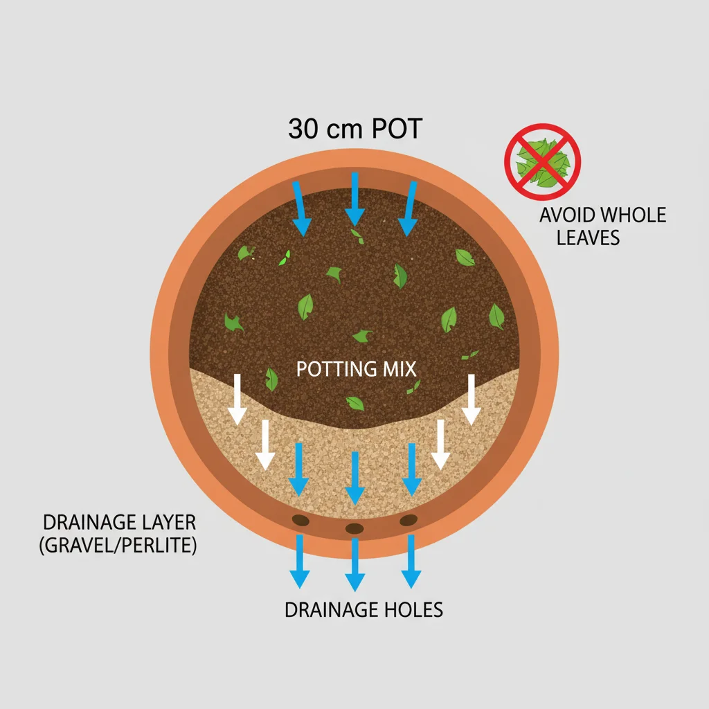Potted plant diagram: 30cm pot, drainage indicated, arrows show water flow out of drainage holes.