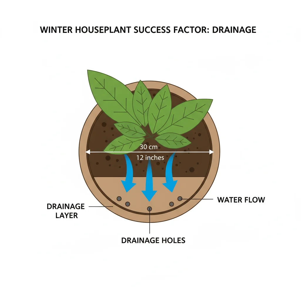 Potted plant diagram: 30cm pot with soil, drainage holes & water flow arrows. 