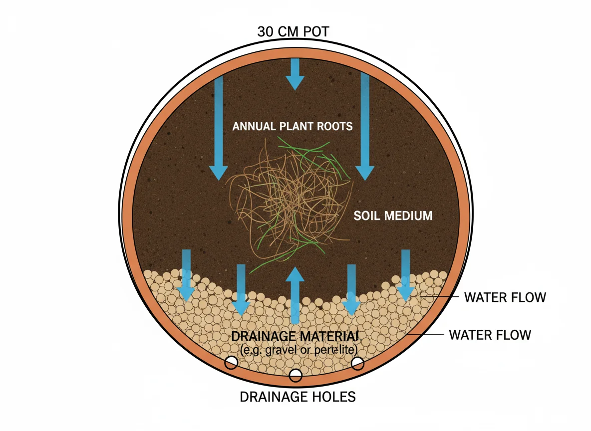 Potted plant diagram: roots in 30cm pot aid drainage. Arrows show water flow around intact root system.