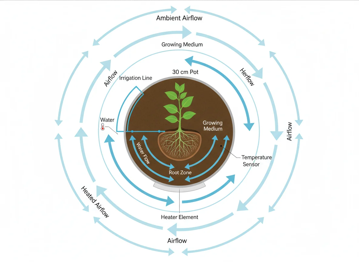 Potted plant diagram: water flow arrows, 30cm pot, soil, plant, drainage.