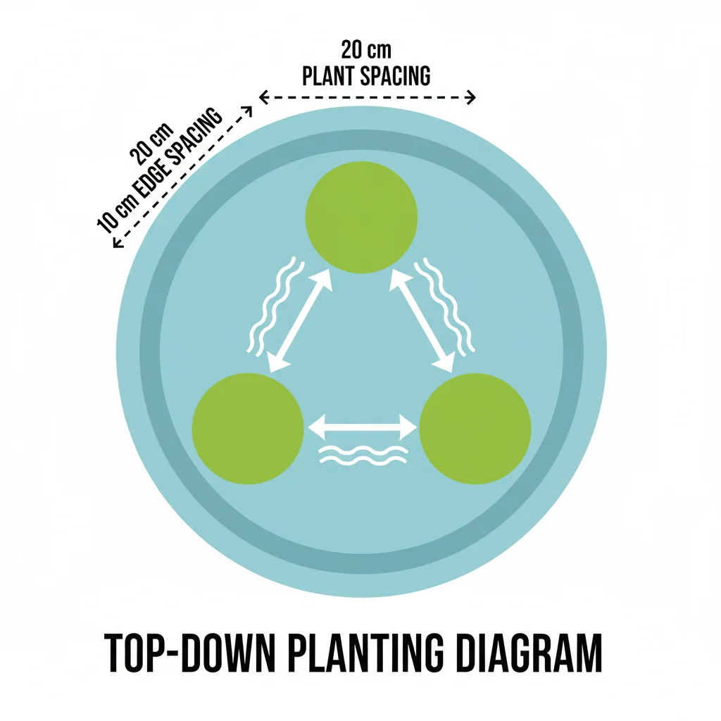 Potted plant diagram: water flow arrows, soil, and labels for optimal plant spacing in a 30cm pot.