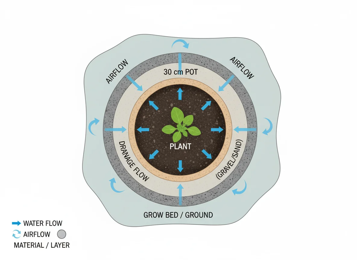 Potted plant diagram: water flow arrows from soil surface, out drainage hole.