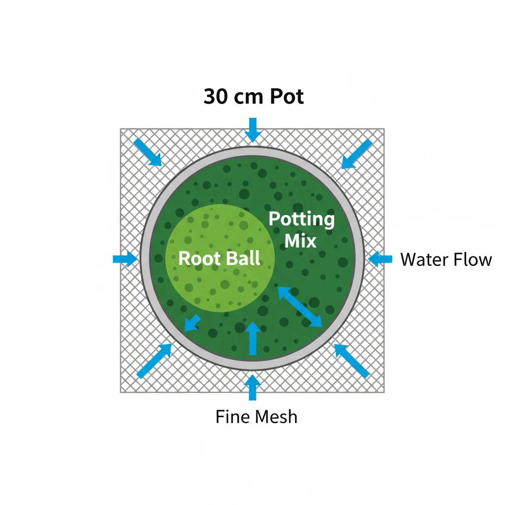 Potted plant diagram: water flows through mesh in 30cm pot. Water flow arrows shown.
