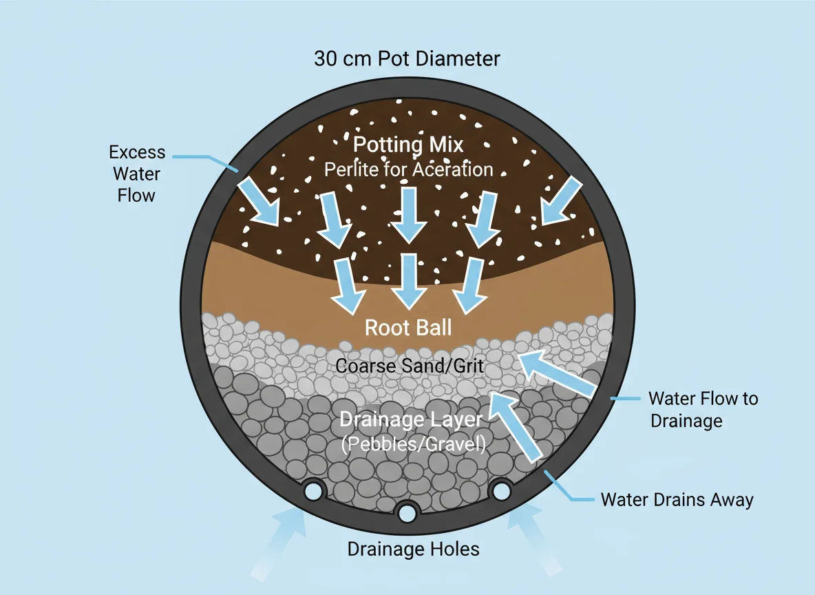 Potted plant diagram: water flows down through soil, exits drainage holes at pot base.