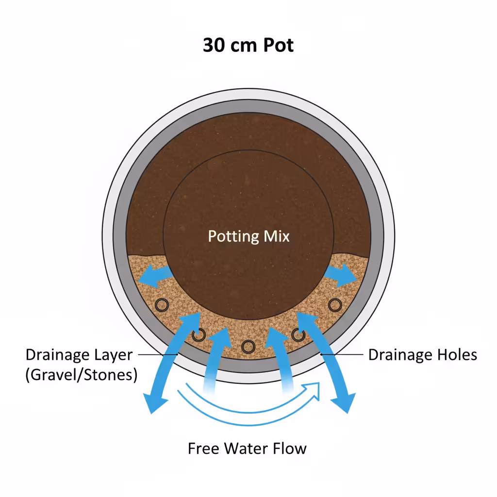 Potted plant diagram: Water flows through soil in 30cm pot to drainage holes at base.