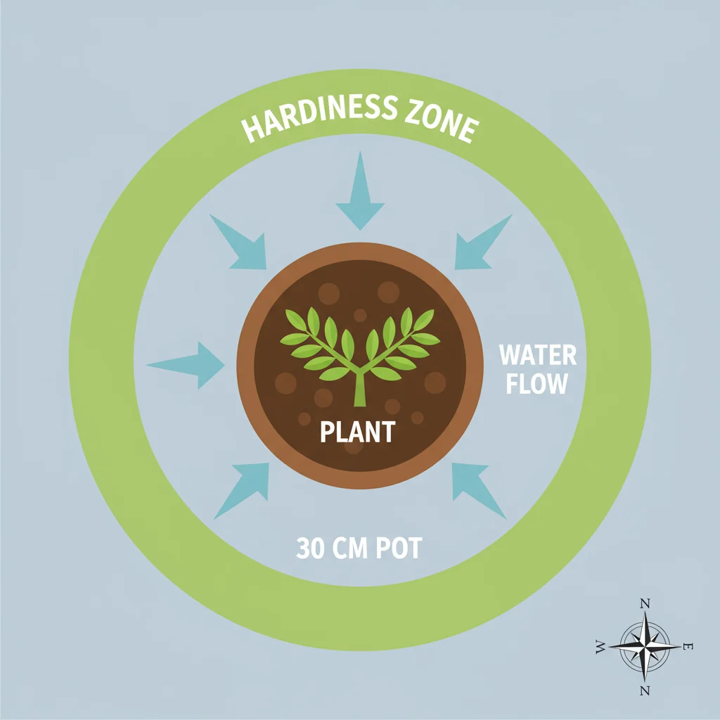 Potted plant diagram: water flows down through soil in 30cm pot, exiting drainage holes at bottom.