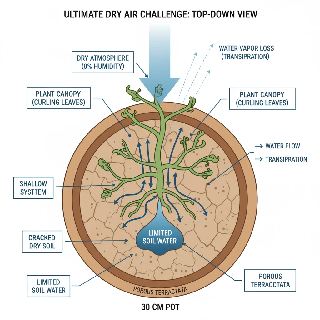 Potted plant diagram: water flows from topsoil, through roots in 30cm pot, exiting via drainage. For dry air adapted plants.