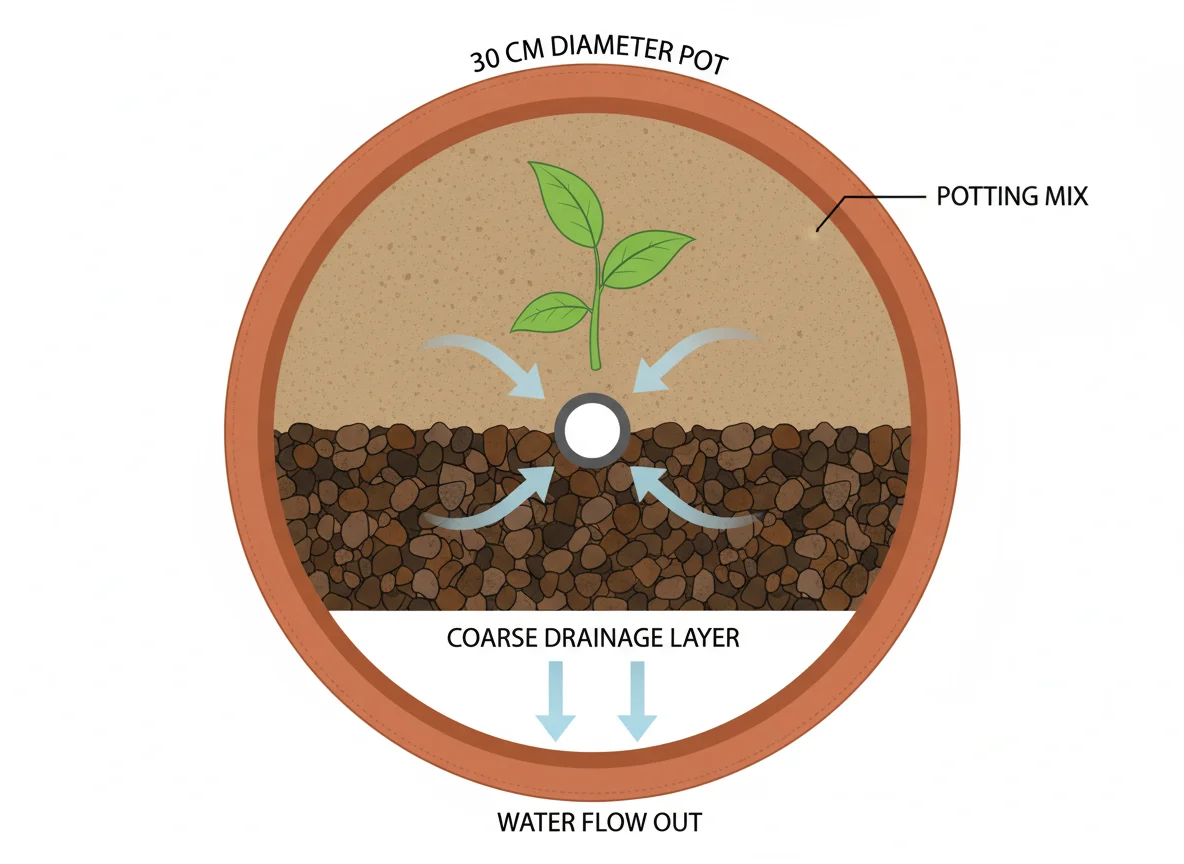 Potted plant drainage diagram: arrows show water flowing from soil, through drainage layer, and out of pot's drainage holes. 30 cm pot indic