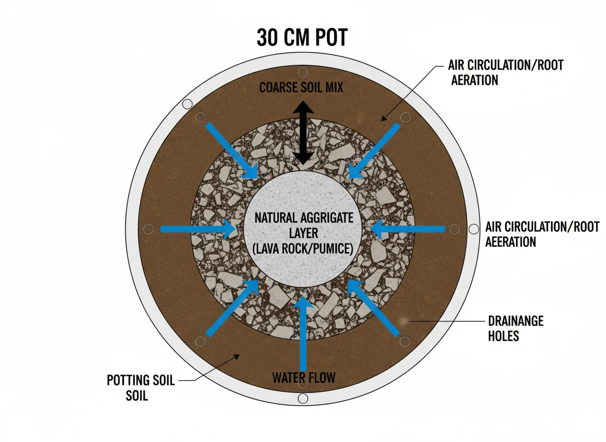Potted plant drainage diagram. Arrows show water flowing through soil, drainage layer, and out drainage holes in 30cm pot.