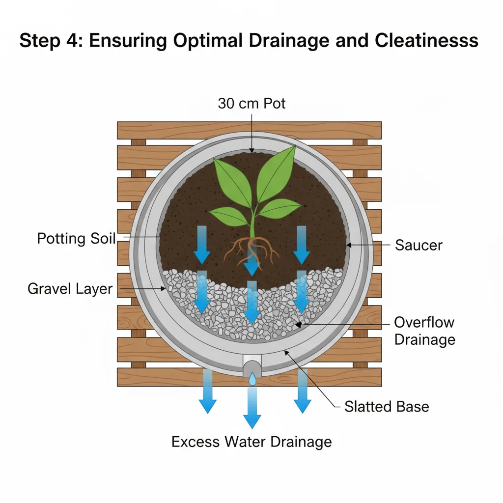 Potted plant drainage diagram: water flow arrows through soil, gravel & drainage holes in a 30cm pot.