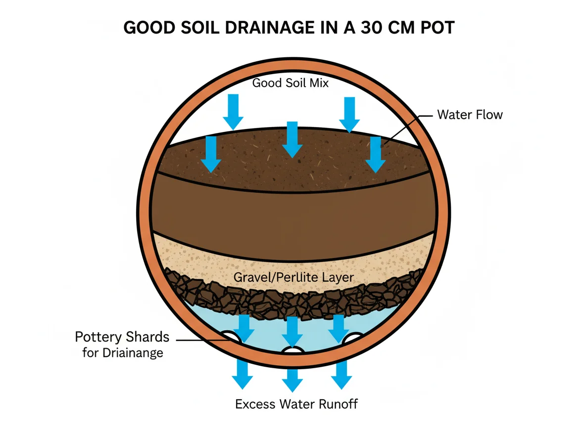 Potted plant drainage diagram: Water flows through soil, exits drainage holes at pot bottom.