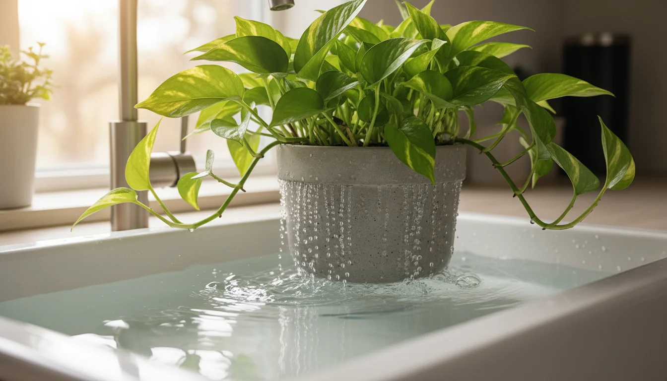 Potted plant soaking in a deep sink, with small bubbles actively rising from the soil's drainage holes.