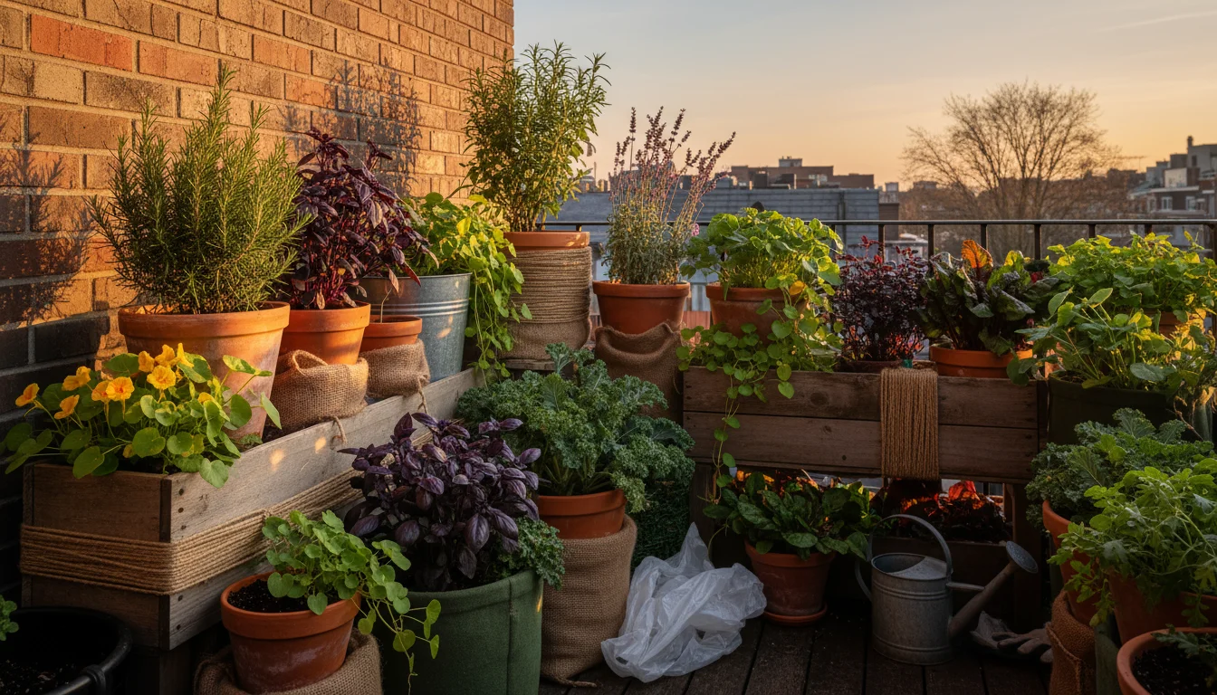 Potted plants, including herbs and small flowers, grouped tightly against a warm brick wall on an urban balcony.