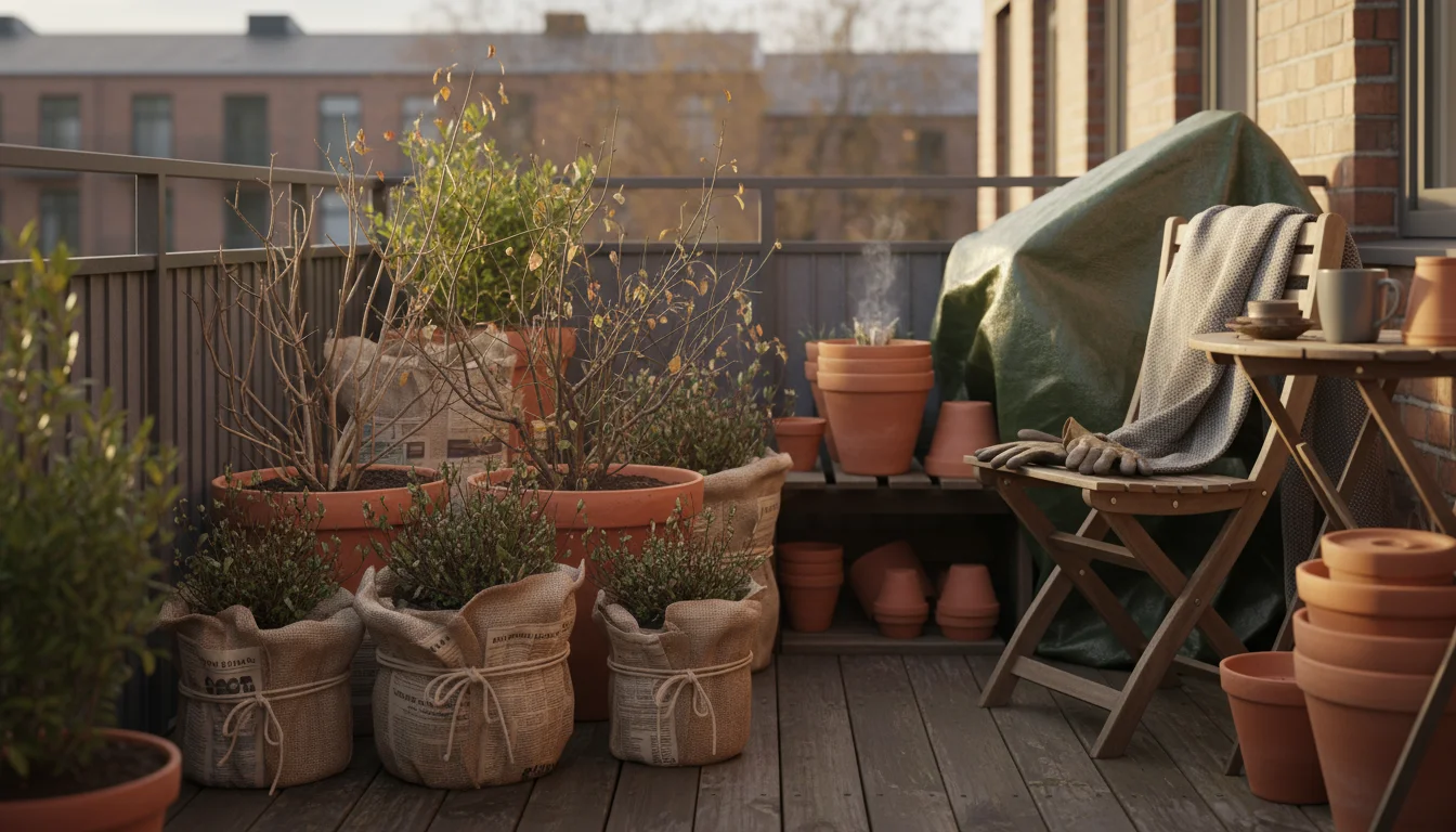 Potted plants on an urban balcony clustered together and insulated with burlap, newspaper, and empty pots for winter dormancy.