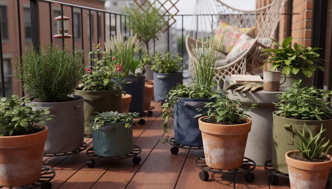 Potted plants on wheeled caddies on a balcony, with a hand gently resting on a pot, ready for easy repositioning.