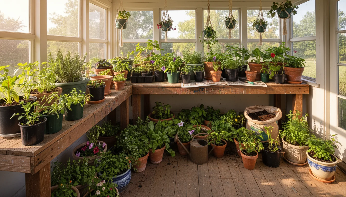 Potted plants on a workbench and floor in a sun porch, serving as a plant staging area with gardening tools and potting mix.