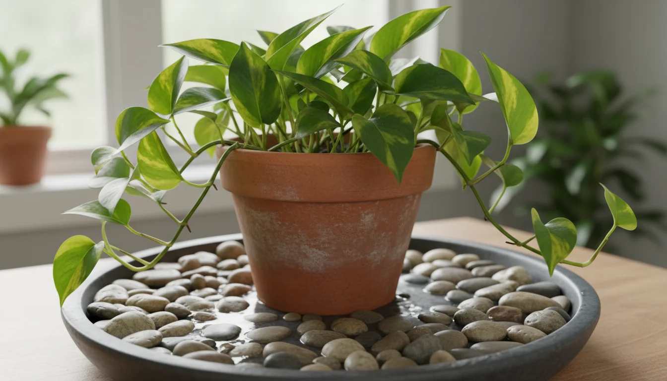 Potted Pothos plant on a grey ceramic pebble tray, with water visible just beneath the pot, set in a bright apartment.