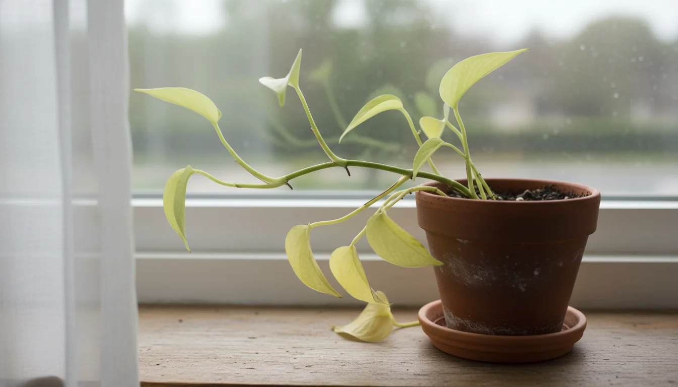 Potted Pothos plant on a windowsill with yellowed lower leaves and leggy, pale new growth.
