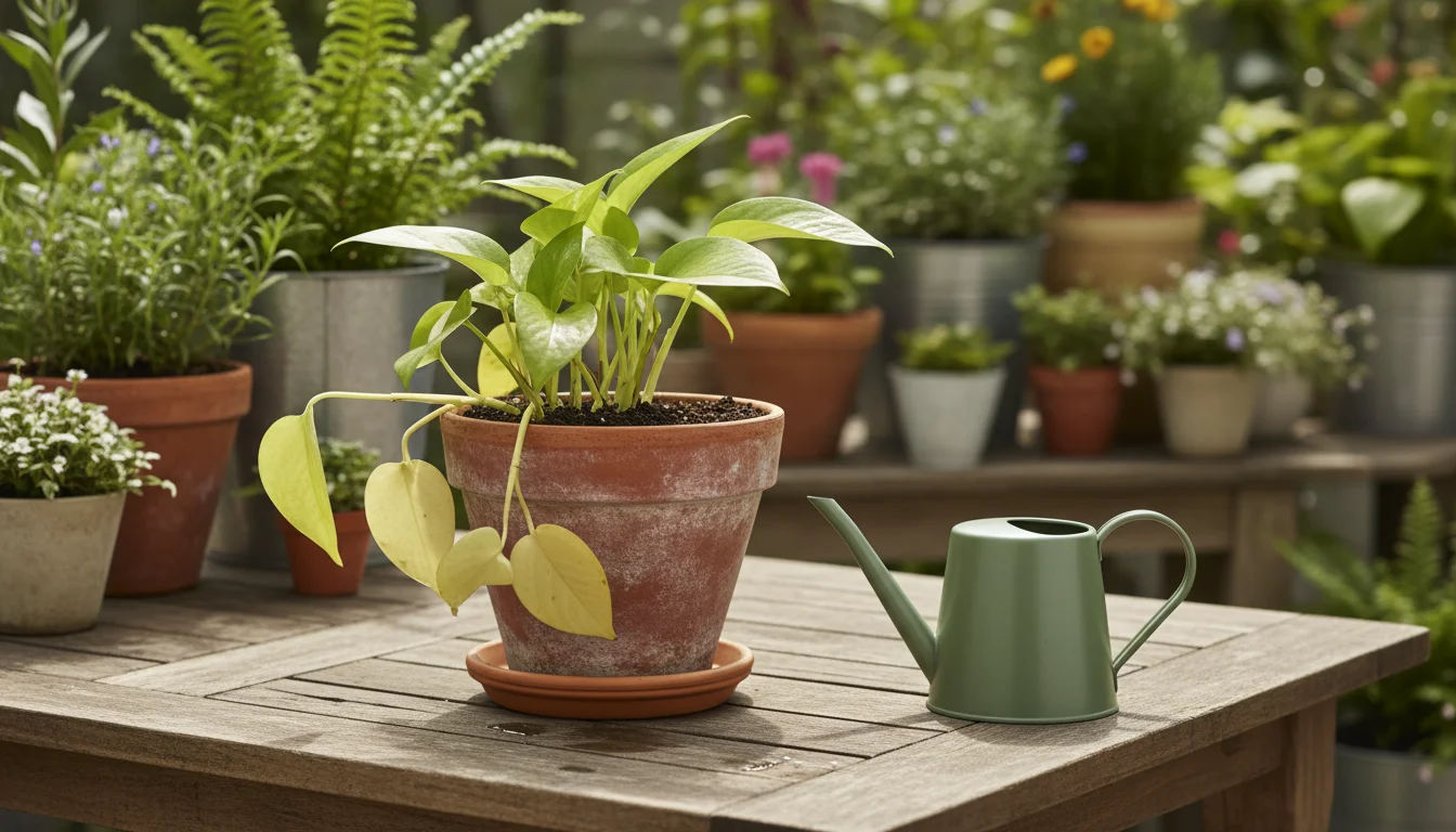 Potted Pothos plant with yellowing lower leaves on a patio table next to an unused watering can.