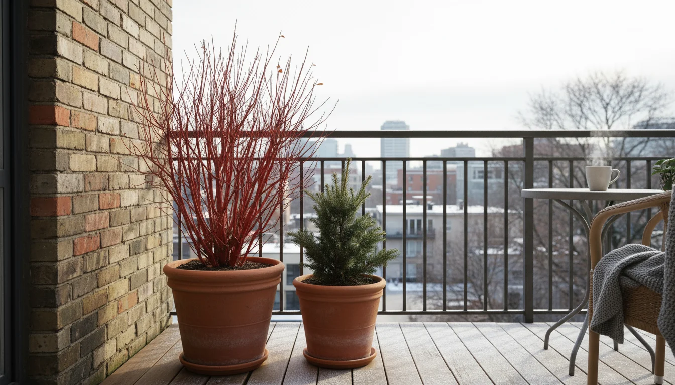 Potted red-stemmed shrub nestled against a brick wall, with a slightly browned dwarf conifer nearby on an urban balcony in winter.