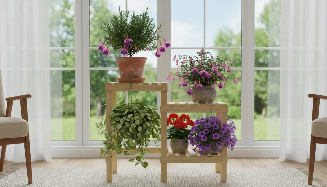 Potted rosemary, fuchsia, and pothos plants on a wooden stand near a window, receiving soft indirect light. A pebble tray is visible.