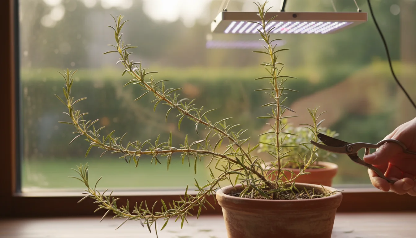 Potted rosemary with leggy stems being pruned by a hand on a windowsill, a grow light nearby.