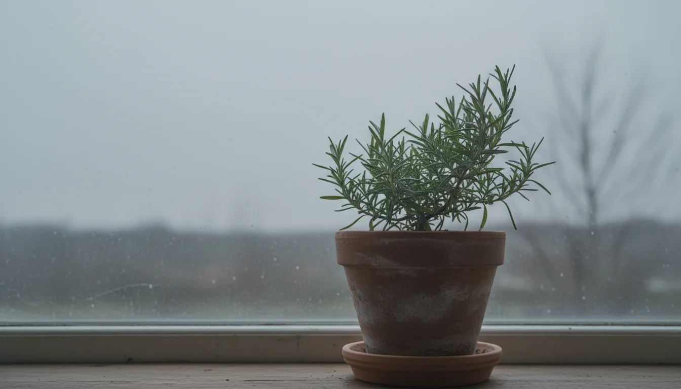 A potted rosemary plant with slightly dull green needles sits on an indoor windowsill against a dim, overcast winter sky.