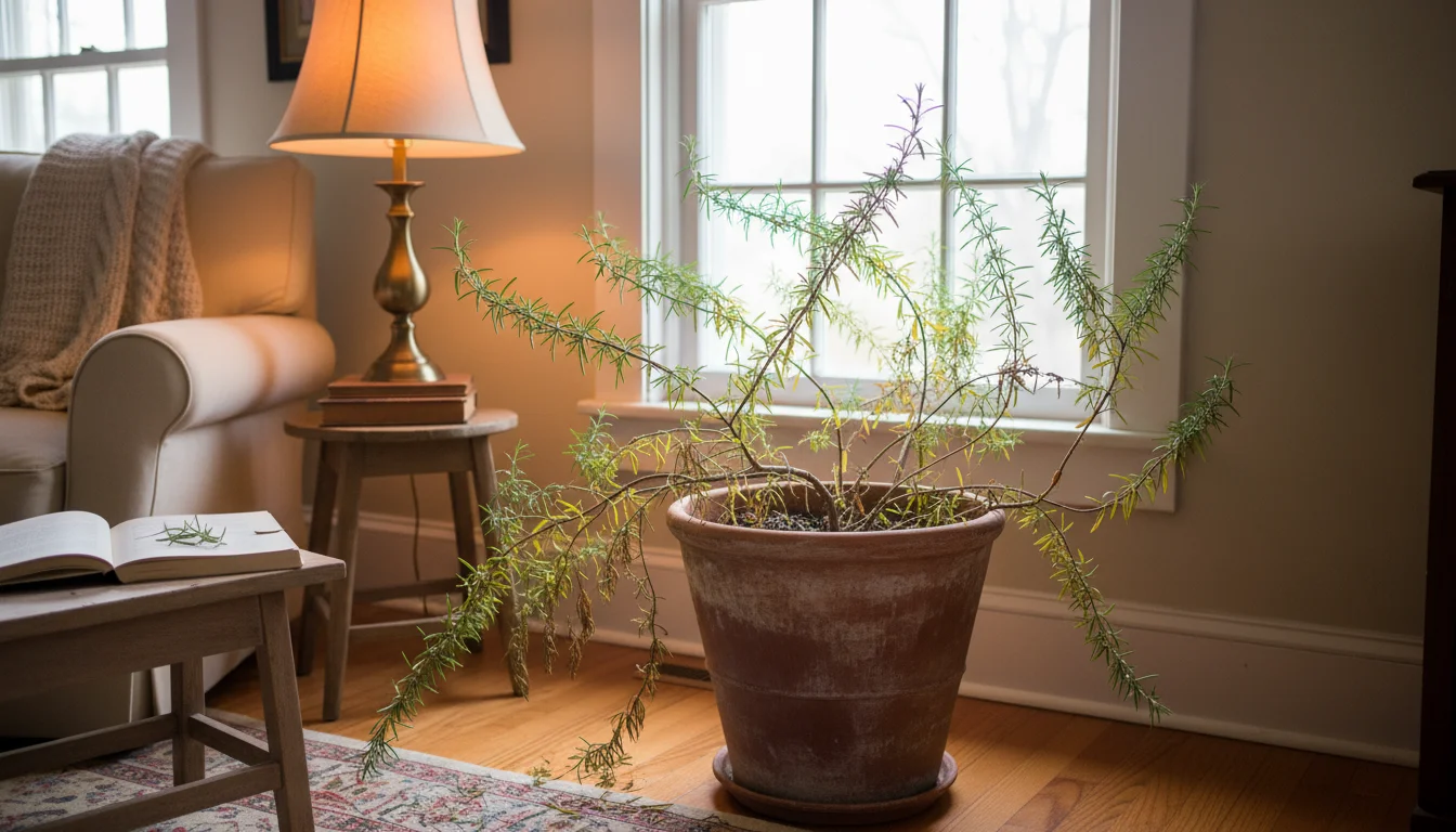 A potted rosemary plant with leggy, pale new growth and yellowing leaves sits unhappily by a bright window in a cozy living room.