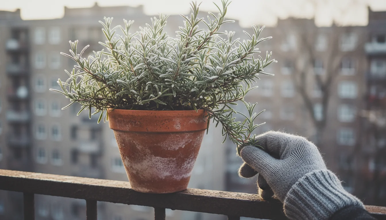 Close-up of a potted rosemary plant with light frost on an urban balcony railing, a gloved hand gently touching its leaves.