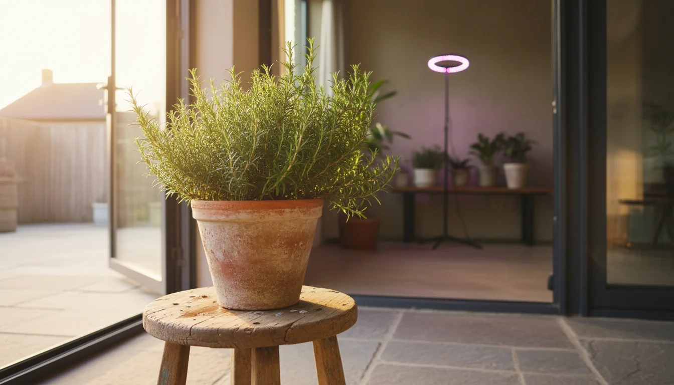 A potted rosemary plant on a stool just inside a patio door, with an indoor grow light visible in the background.