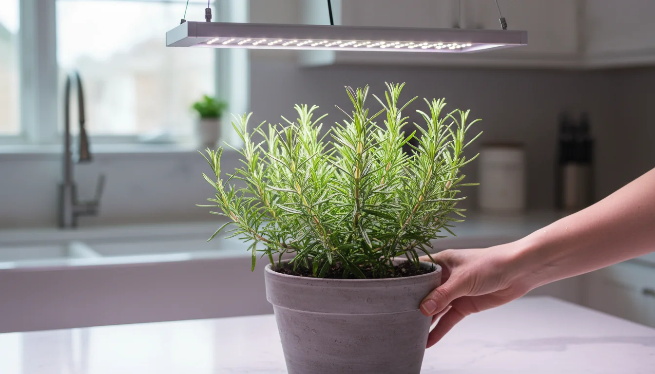 A potted rosemary plant thriving under a full-spectrum LED grow light on a kitchen counter. A hand rotates the pot.