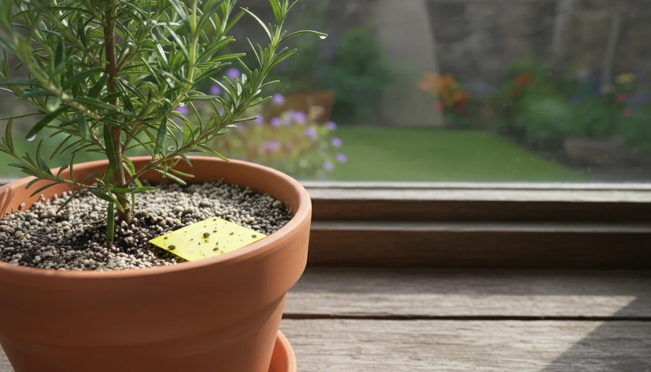 Potted rosemary plant with visibly dry soil and a small yellow sticky trap showing trapped fungal gnats.
