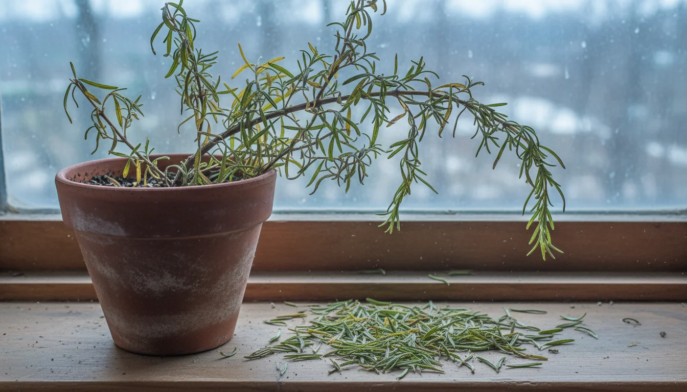 Potted rosemary plant on a wooden windowsill with many green needles scattered on the surface below it.