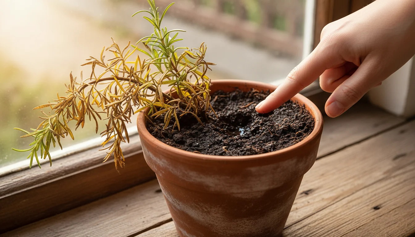Potted rosemary plant with yellowing and browning lower needles, a person's fingers gently touch the damp soil.