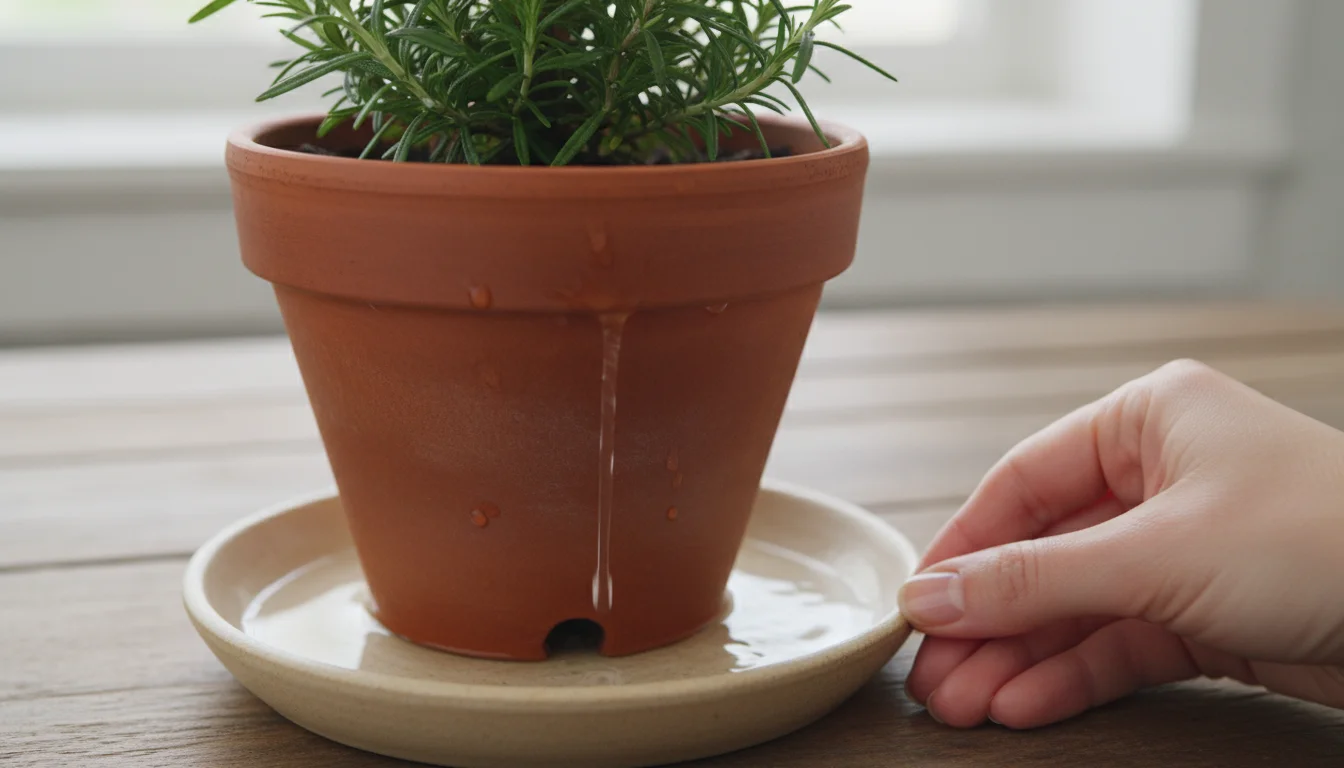 Potted rosemary in terracotta pot, water dripping into saucer as a hand reaches to empty it on a light wooden surface.
