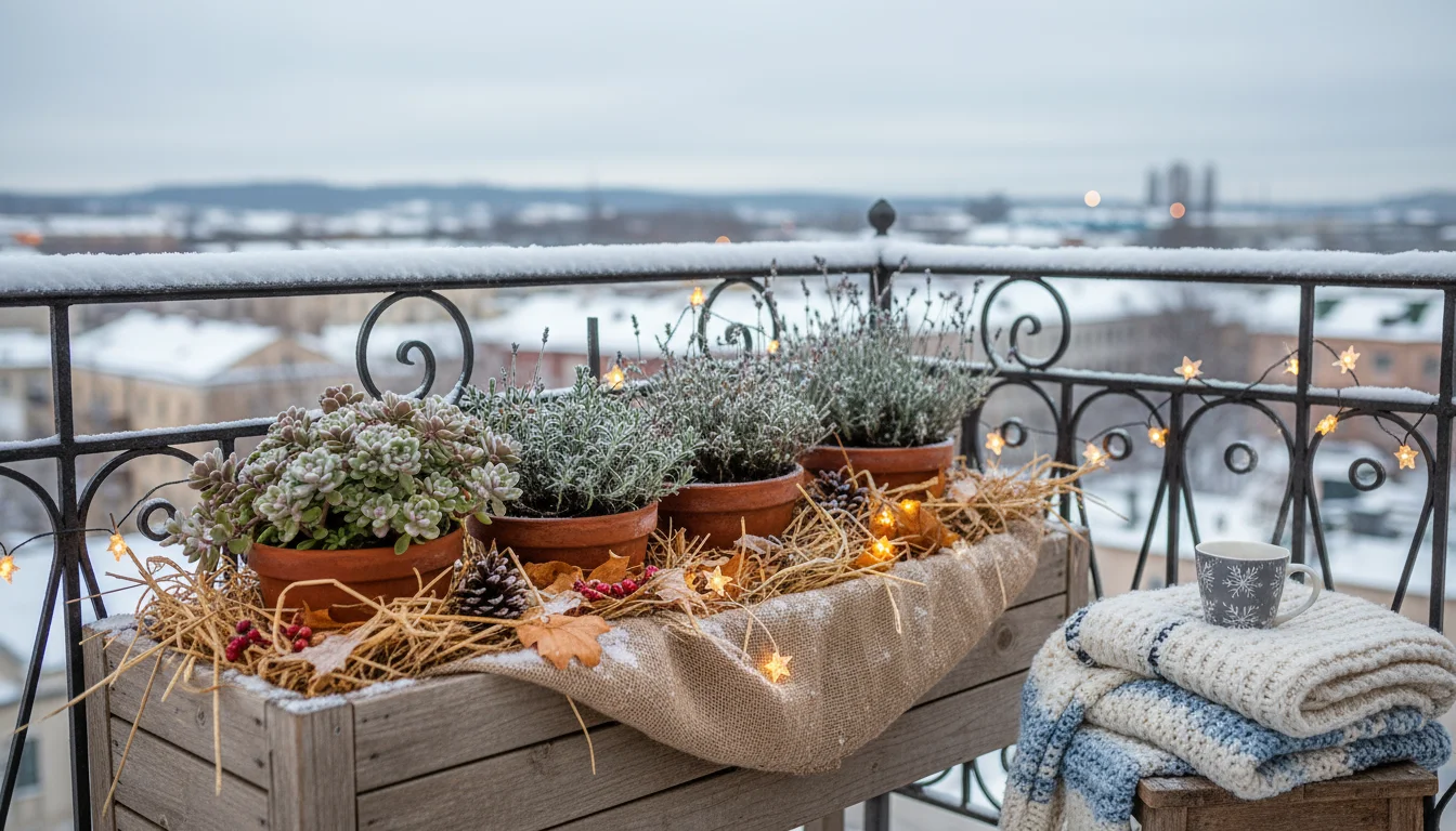 Potted sedum and lavender plants nested in a large wooden planter box filled with straw on an urban balcony during winter.