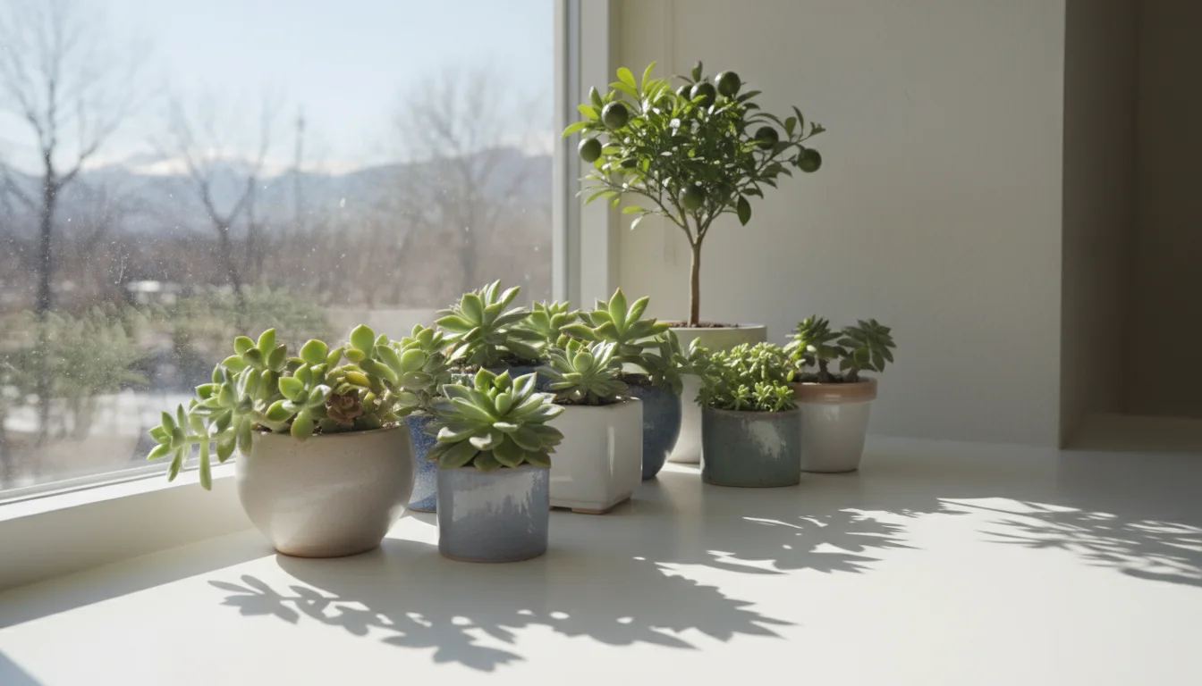 Potted succulents and a small citrus tree on a windowsill, bathed in direct winter sunlight, casting sharp shadows.