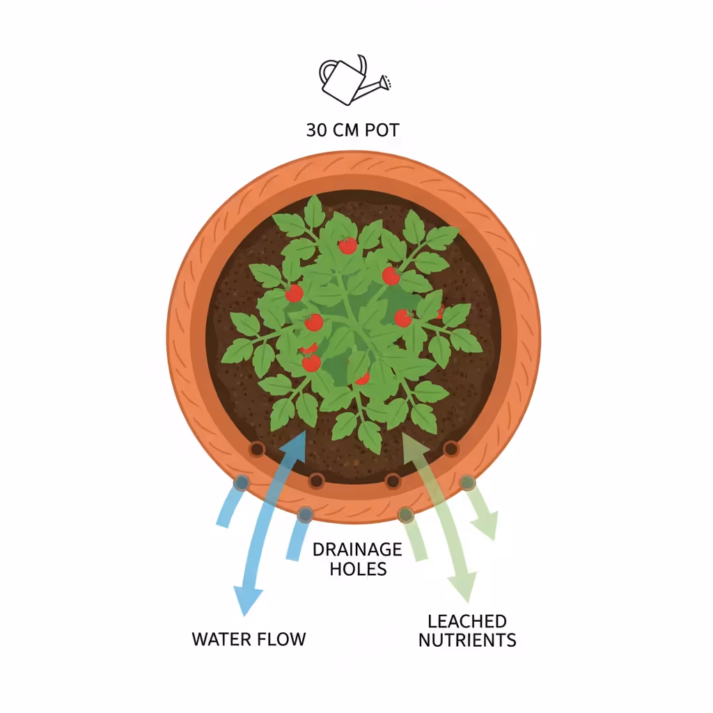 Potted tomato diagram: water flows down through soil in a 30cm pot, exiting via drainage holes at the base.