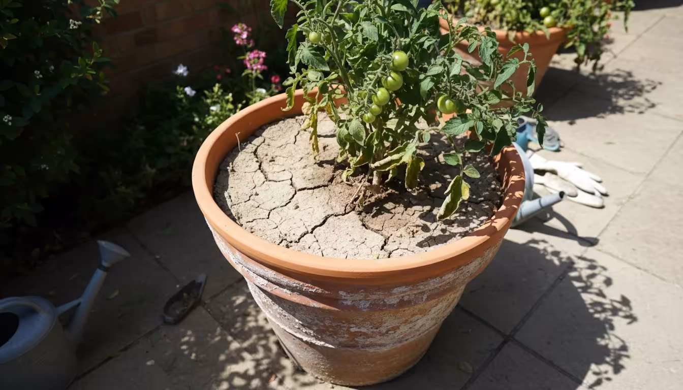 Potted tomato plant with dry, cracked soil in a terracotta pot on a sunny patio, showing subtle leaf stress.