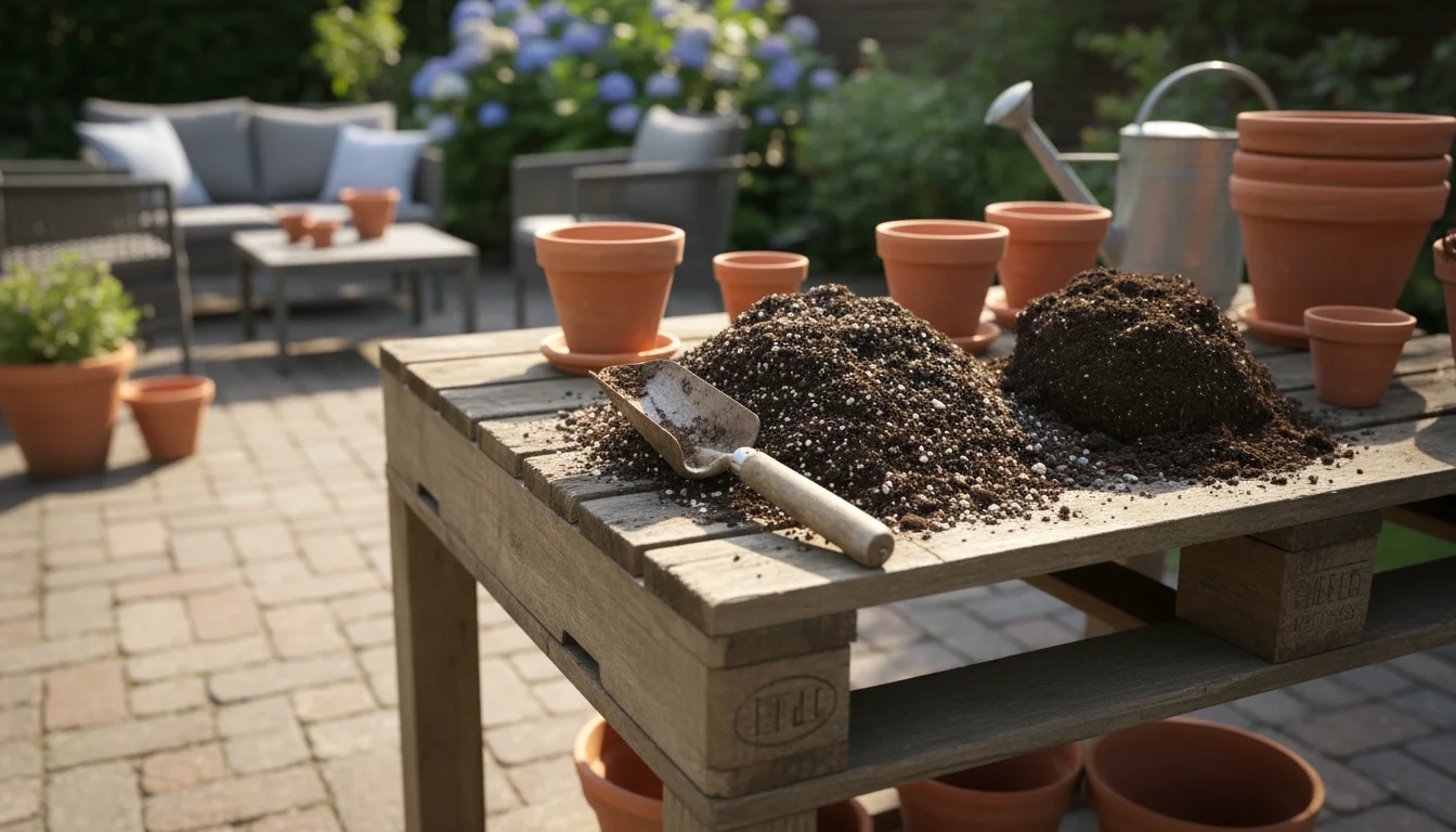 Potting mix (airy, dark, with perlite) contrasted with dense garden soil on a wooden table on a patio. Trowel nearby.