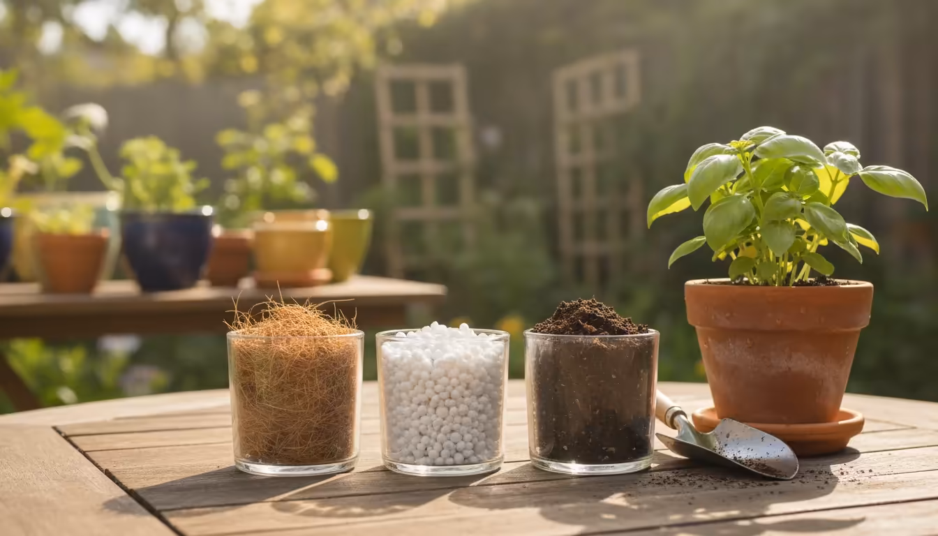 Close-up of potting mix components (coconut coir, perlite, compost) in clear containers on a wooden table, next to a healthy basil plant in a terracot