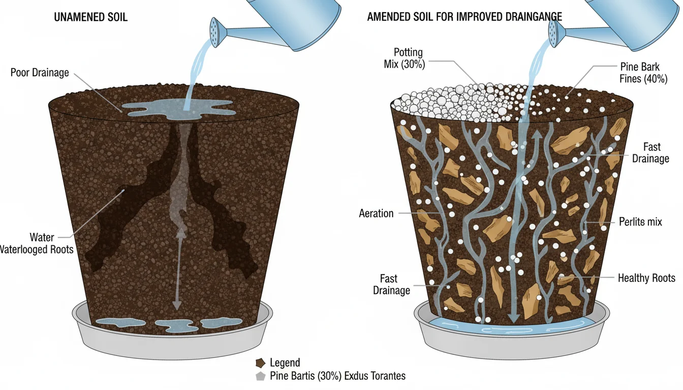Potting mix diagram: Amended soil with perlite/bark shows air pockets & drainage; unamended soil shows pooling.
