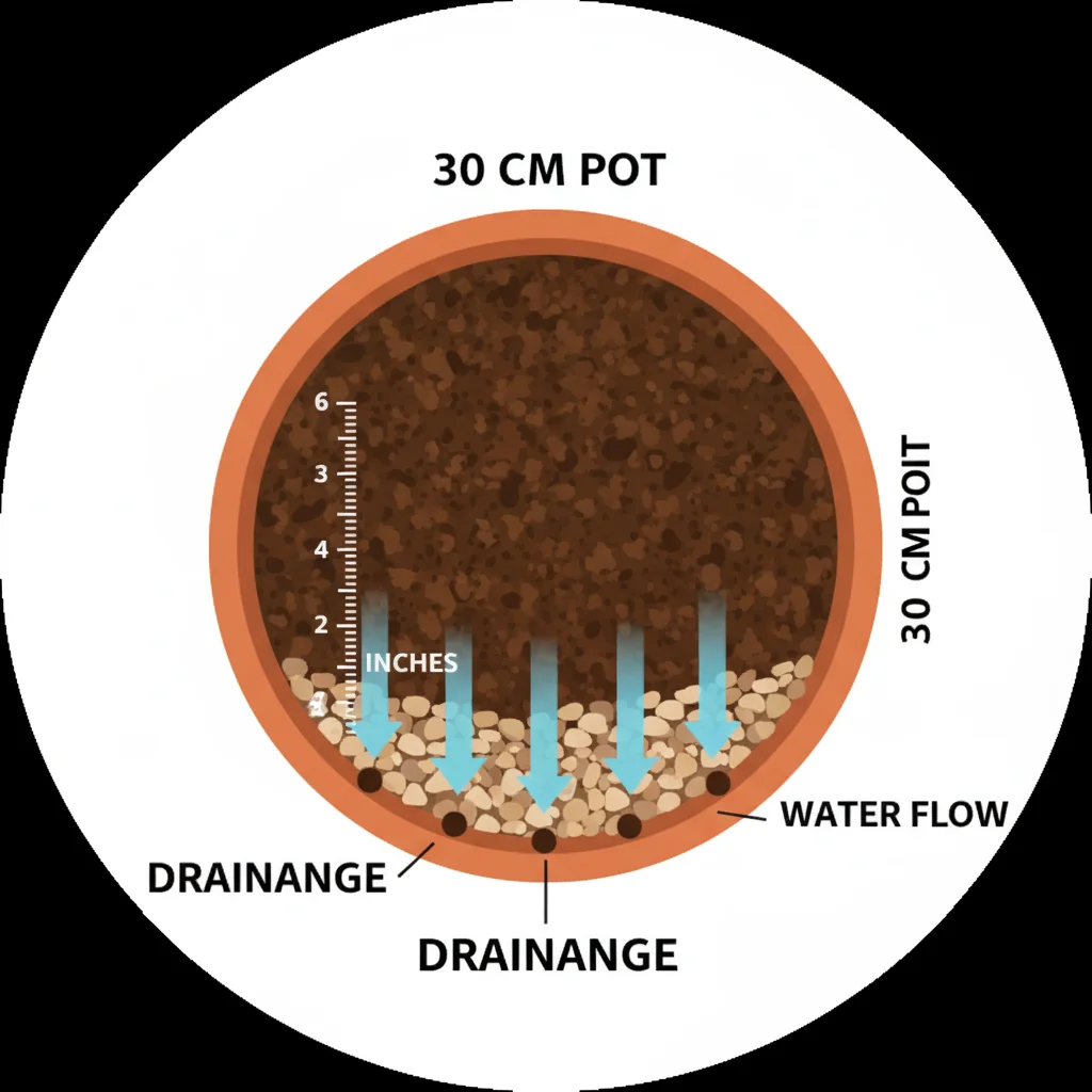 Potting mix diagram: drainage layer, aeration, nutrients in 30cm pot. Arrows show water flow. Labeled