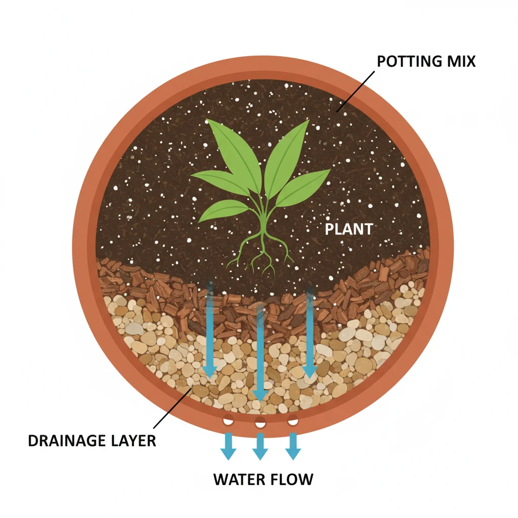 Potting mix drainage diagram: water flows down through soil in a 30cm pot, exiting drainage holes.