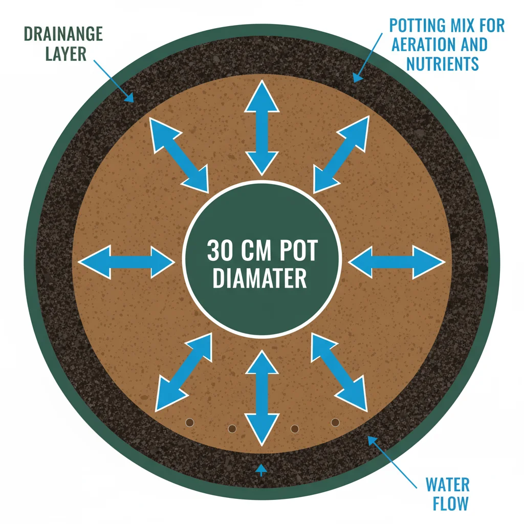 Potting mix drainage diagram: water flows down through soil in a 30cm pot. Labels: drainage.