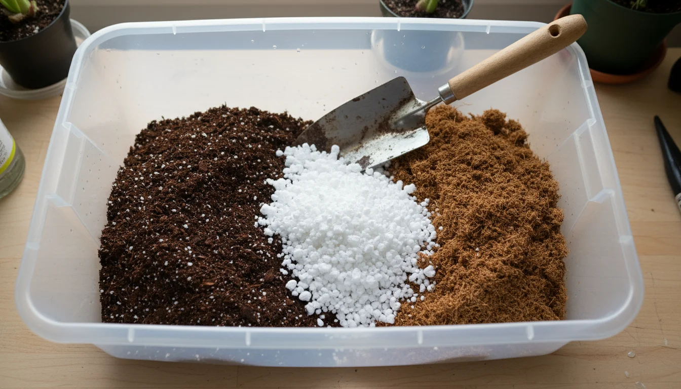 Overhead view of potting mix ingredients: dark potting soil, white perlite, and fibrous coco coir in a clear bin with a trowel.