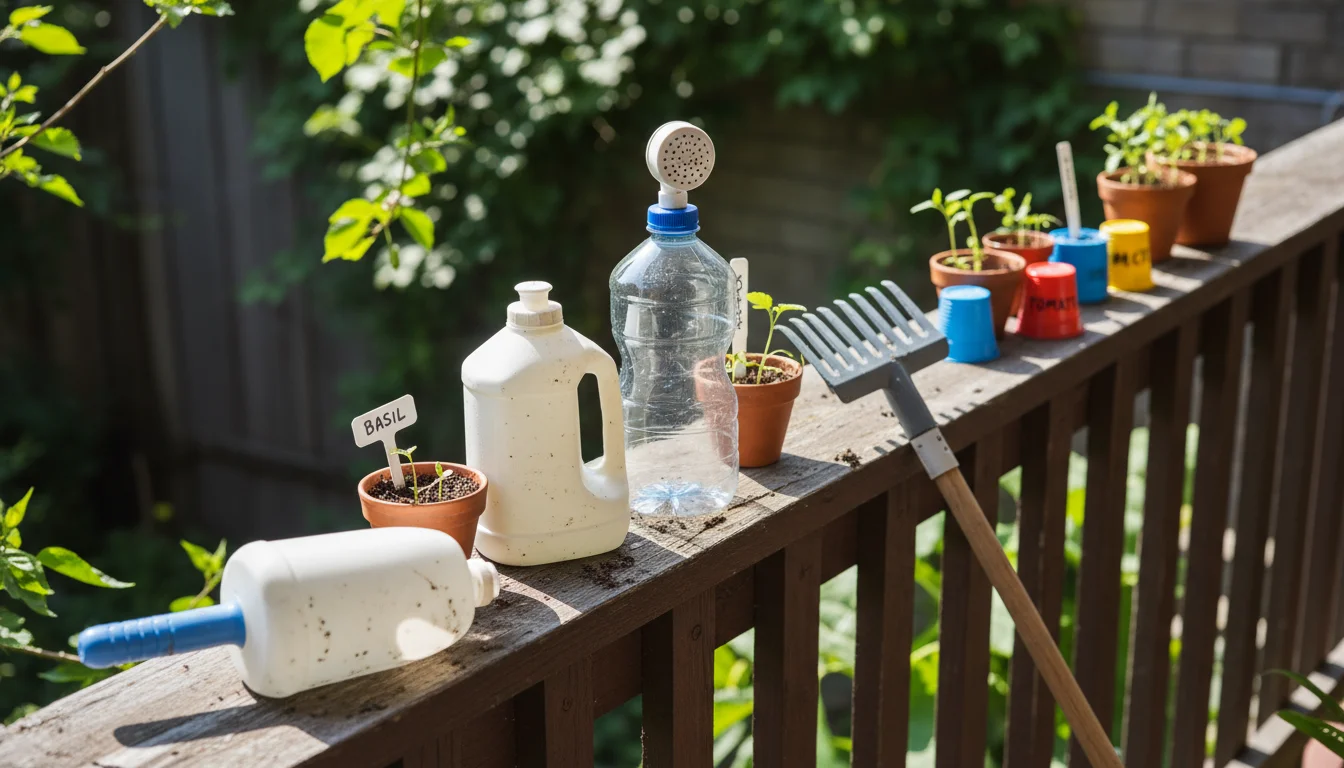 Practical DIY garden tools: a milk jug scoop, punctured soda bottle watering aid, and plastic plant labels on a balcony railing with herbs.
