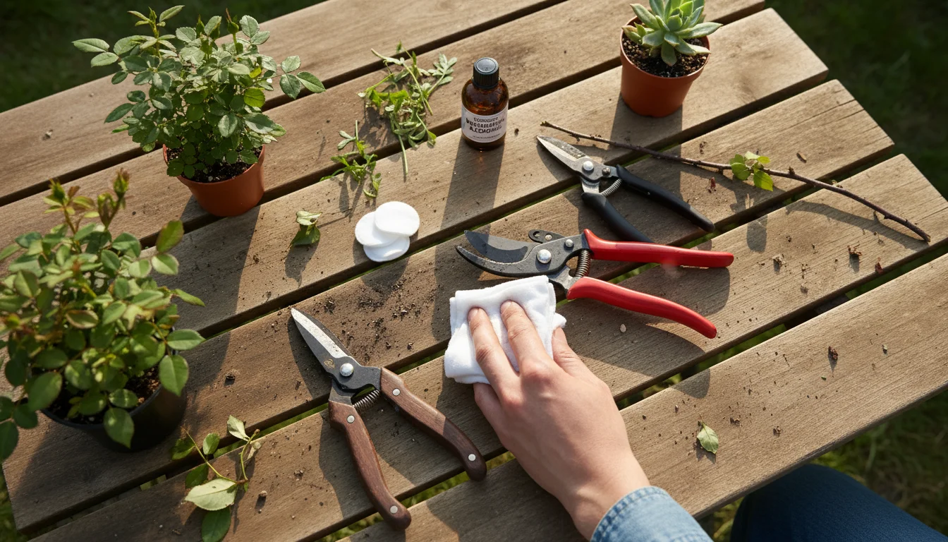 A practical hand cleans bypass pruners on a wooden patio table, alongside other small garden tools and hygiene supplies.