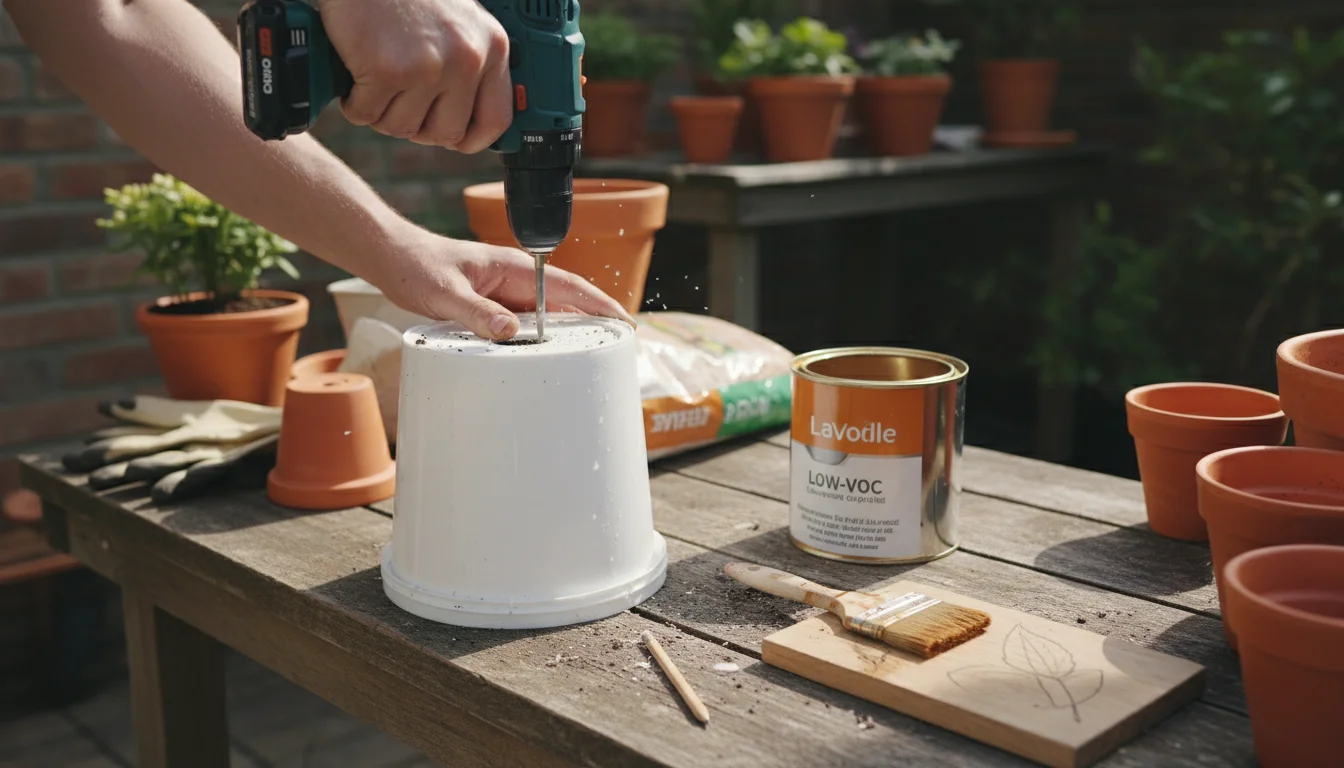 Practical hands drilling a drainage hole into a repurposed plastic food-grade bucket on a wooden patio potting bench, surrounded by various upcycled p