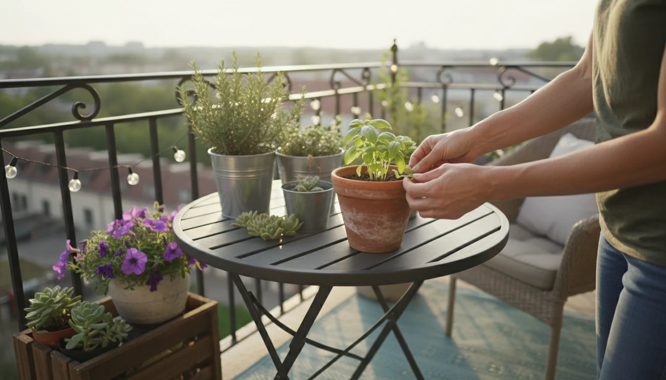 Practical hands gently inspect tender basil leaves in a terracotta pot on a sun-dappled balcony. A neatly folded white sheet rests on a nearby outdoor